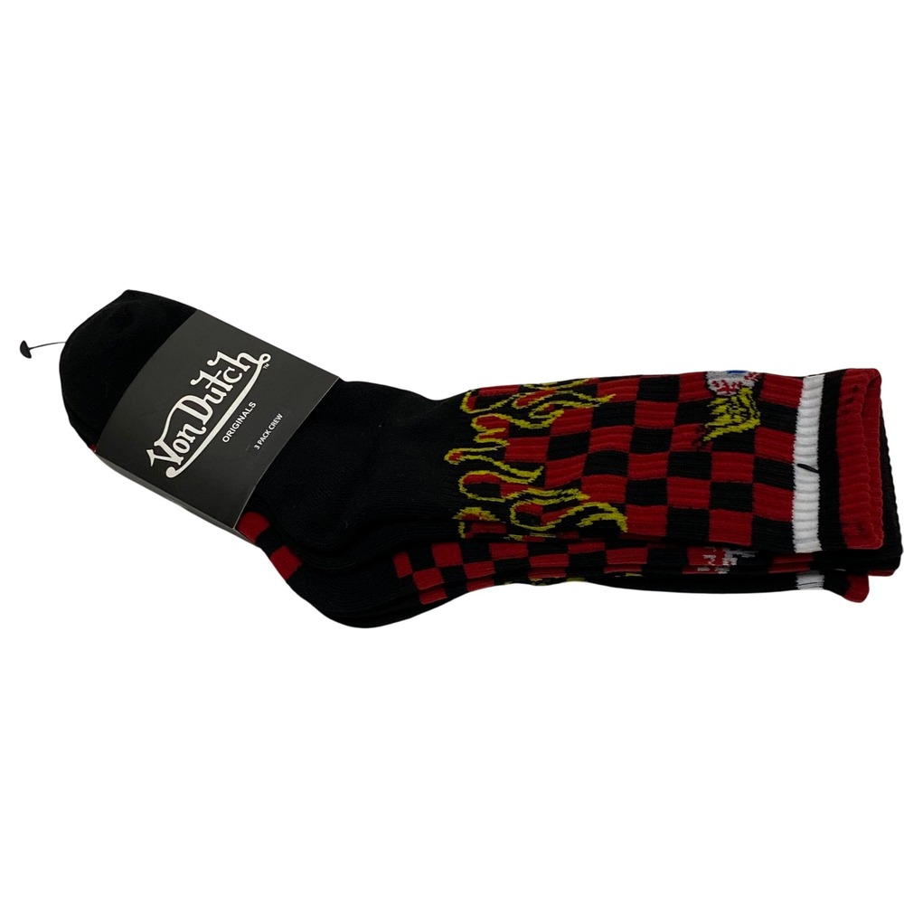 Von Dutch Originals 3 Pack Crew Socks Black Red Checkered Flame